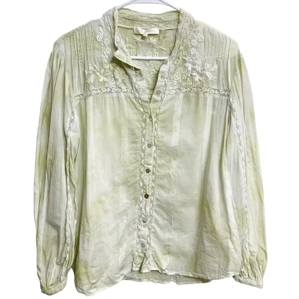 LoveShackFancy Ronda Embroidered Long Sleeve Blouse Floral Green Tie‎ Dye Size L